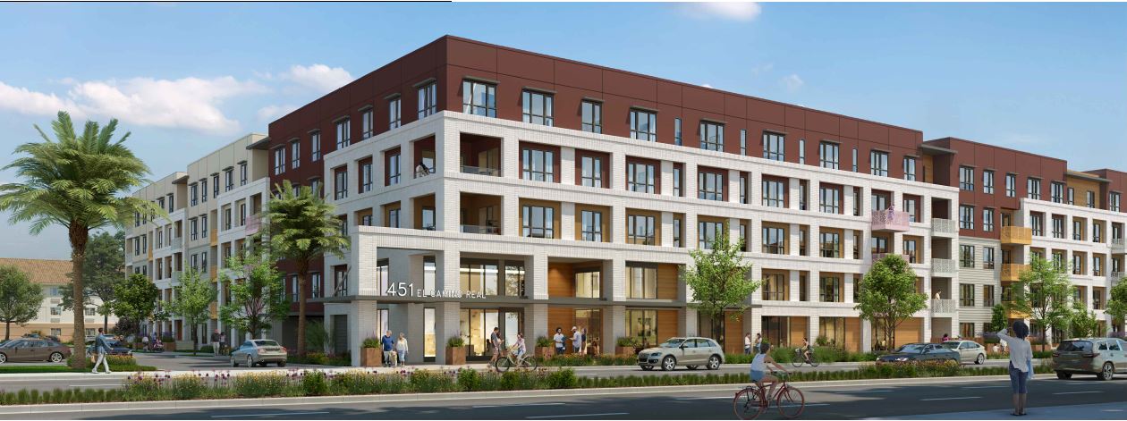 5 story modern apartment complex with reddish brown facade with white accents, adjacent to a busy street, includes windows, balconies, and some vegetation along the street. 