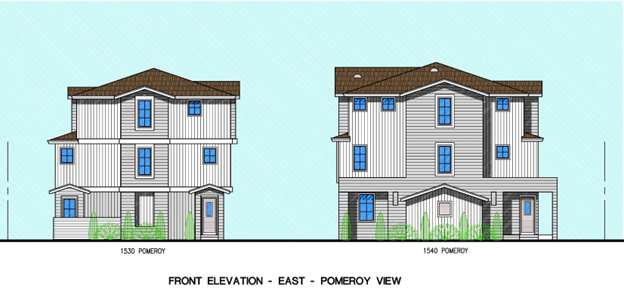 Street Elevation showing two three-story buildings with grey sidings, brown roofs, labeled “1530 Pomeroy” and “1540 Pomeroy”, each featuring multiple windows and entryways
