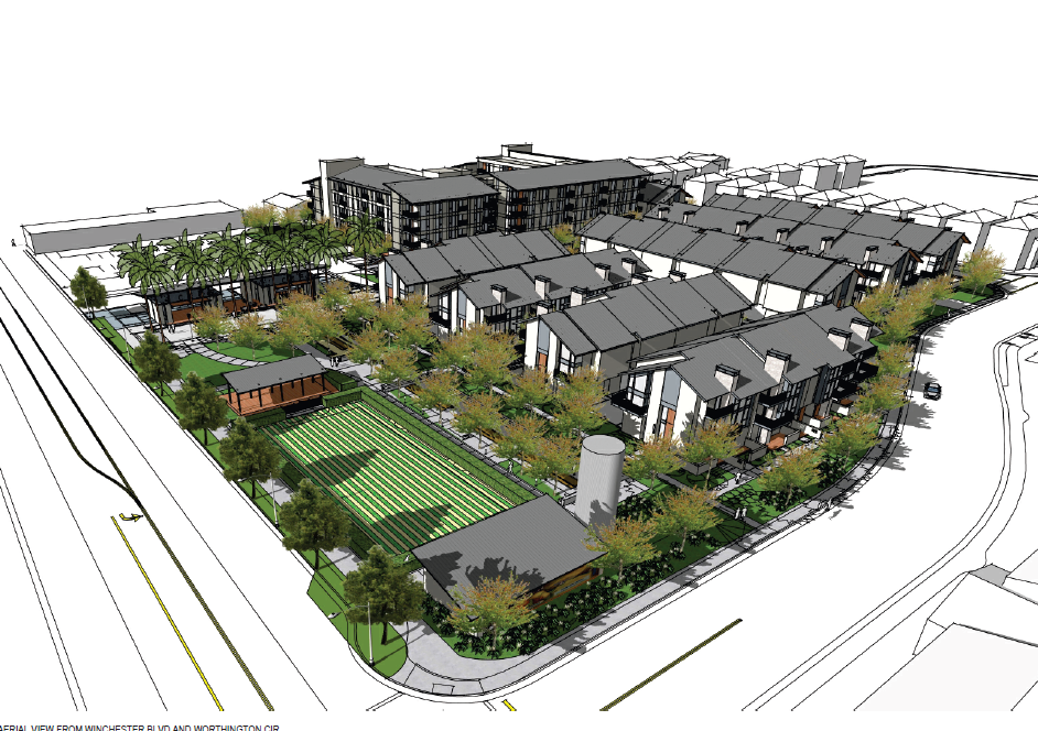 Image of the proposed town-homes along Worthington Circle bordered by the open farm on Winchester Boulevard.