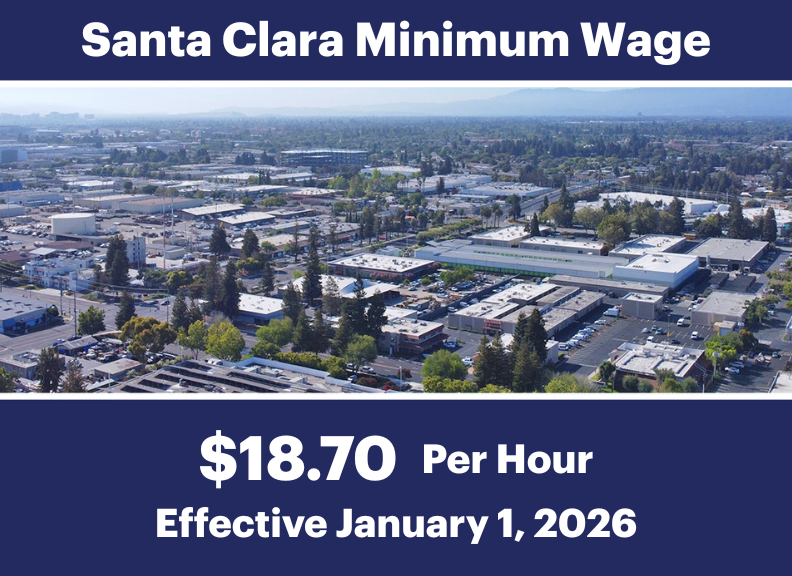 Santa Clara Minimum Wage - $18.70 per hour - Effective January 1, 2026 - Image of aerial view of Santa Clara