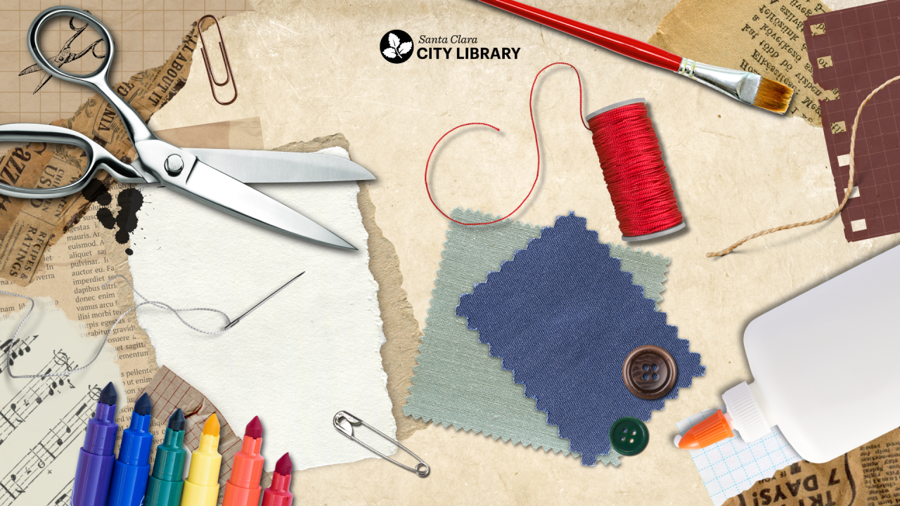 A messy variety of scattered craft supplies.