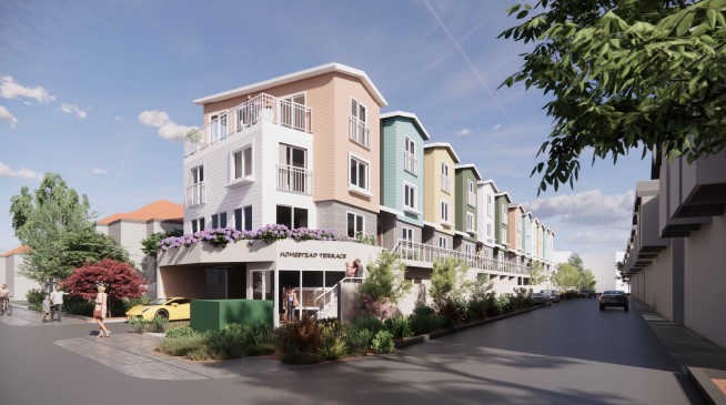 Rendering of a modern, four-story residential building with 12 three-bedroom units over surface parking on the first floor, adjacent to a two-story multi-family development.